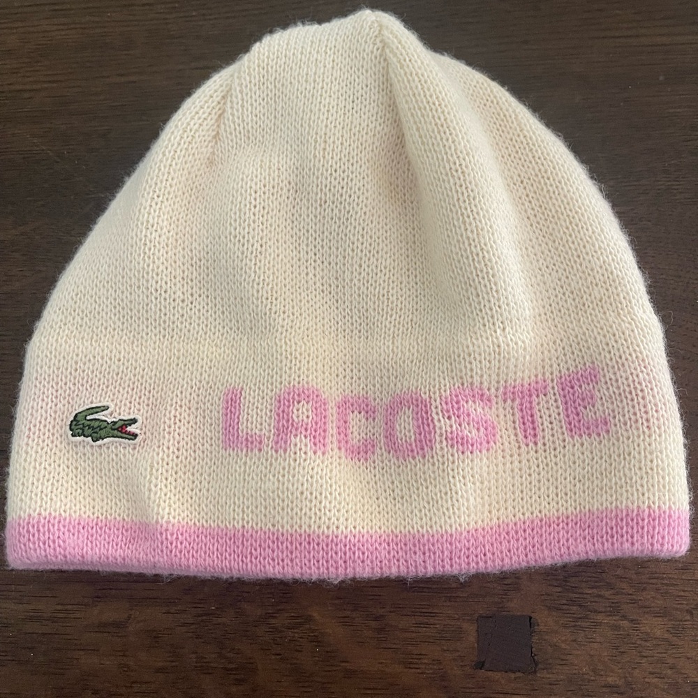 Lacoste Cream and Pink Beanie with gator patch
